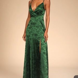 Wedding Guest Dress: Forever Exquisite Emerald Green Satin Surplice Maxi - L